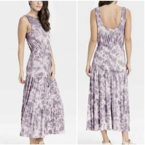 Knox Rose Womens S Purple White Tie Dye Sleeveless Soft Tie Waist Maxi Dress NWT